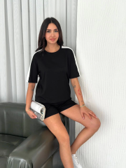 Osy Modal yumuşak dokulu Kumaş Kadın Parçalı Bisiklet Yaka T-shirt Kısa Şort İkili Takım - Siyah