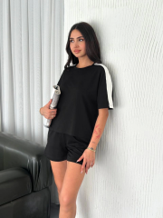 Osy Modal yumuşak dokulu Kumaş Kadın Parçalı Bisiklet Yaka T-shirt Kısa Şort İkili Takım - Siyah