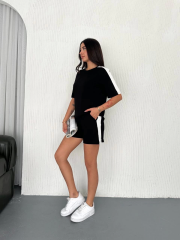 Osy Modal yumuşak dokulu Kumaş Kadın Parçalı Bisiklet Yaka T-shirt Kısa Şort İkili Takım - Siyah