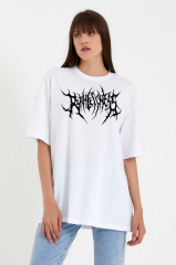 Unisex Bisiklet Yaka Baskılı Oversize T-Shirt - Beyaz