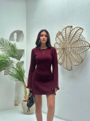 Sırt Pencereli Mini Triko Elbise - Bordo