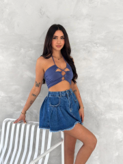 Şık Pileli Yazlık Mini Etekli Kot- Saks Mavisi