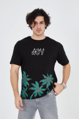 Erkek Baskılı Bisiklet Yaka T-Shirt - Siyah