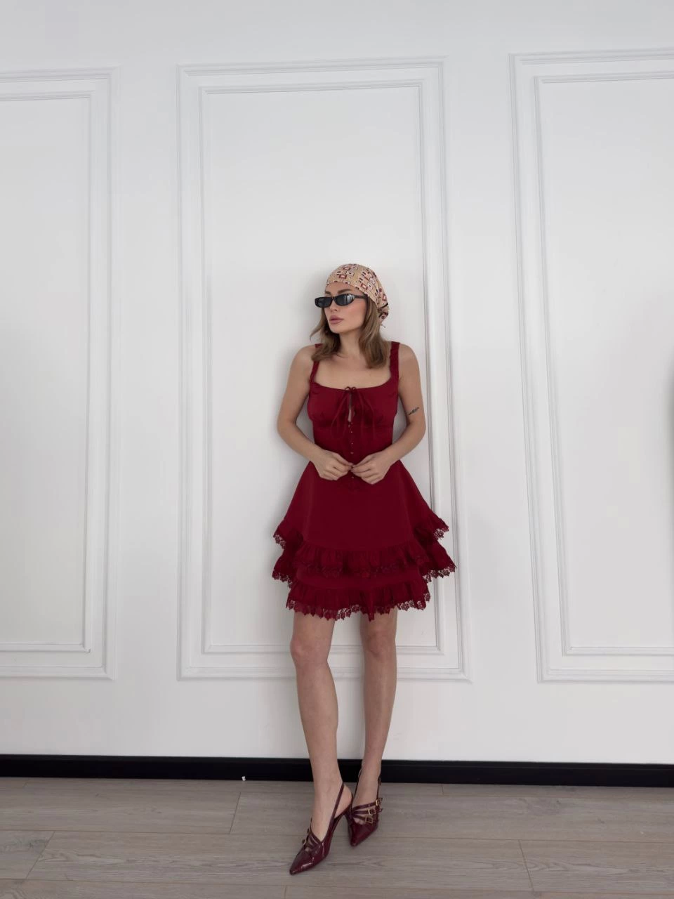Mini Askılı Elbise - Bordo