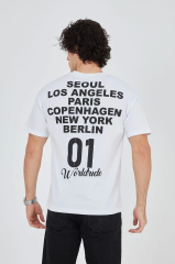 Erkek Bisiklet Yakalı Baskılı T-Shirt - Beyaz