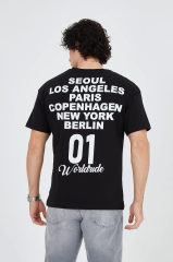 Erkek Bisiklet Yakalı Baskılı T-Shirt - Siyah