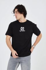 Erkek Bisiklet Yakalı Baskılı T-Shirt - Siyah