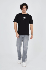 Erkek Bisiklet Yakalı Baskılı T-Shirt - Siyah
