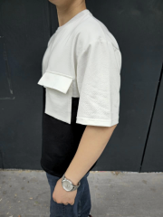 Unisex Torba Cep Detaylı Parçalı T-Shirt - Siyah