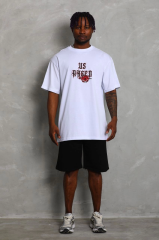 Unisex Oversize Baskılı Bisiklet Yaka T-Shirt - Beyaz