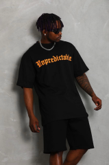 Unisex Oversize Baskılı Bisiklet Yaka T-Shirt - Siyah
