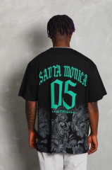 Unisex Oversize Baskılı Bisiklet Yaka T-Shirt - Siyah
