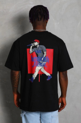 Unisex Oversize Baskılı Bisiklet Yaka T-Shirt - Siyah