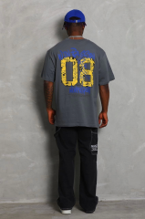Unisex Oversize Baskılı Bisiklet Yaka T-Shirt - Füme