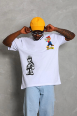 Unisex Oversize Baskılı Bisiklet Yaka T-Shirt - Beyaz