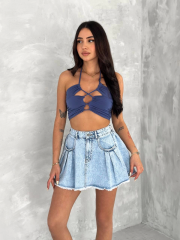 Kot Jeans Kesimetrik Kesim Cepli Şortlu Etek - Mavi