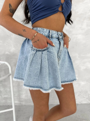 Kot Jeans Kesimetrik Kesim Cepli Şortlu Etek - Mavi