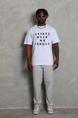Unisex Oversize Baskılı Bisiklet Yaka T-Shirt - Beyaz