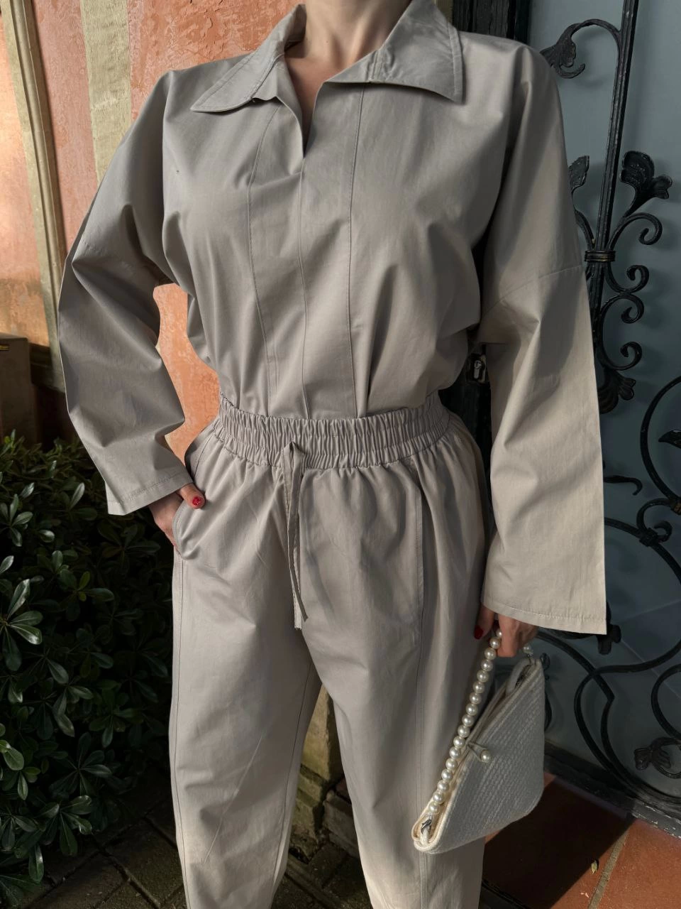 Kadın Uzun Kollu Yakalı Gömlek Pantalon Takım- Gri
