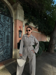 Kadın Uzun Kollu Yakalı Gömlek Pantalon Takım- Gri