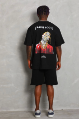 Unisex Oversize Baskılı Bisiklet Yaka T-Shirt - Siyah