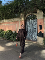 Kadın Uzun Kollu Yakalı Gömlek Pantalon Takım- Kahverengi