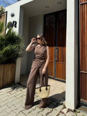 Kadın Keten Asimetrik Tek Omuzlu Bluz Pantalon Takım- Kahverengi