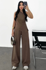 Kadın Keten Asimetrik Tek Omuzlu Bluz Pantalon Takım- Kahverengi