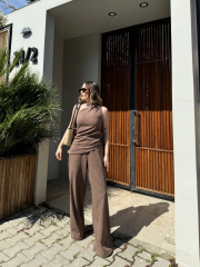 Kadın Keten Asimetrik Tek Omuzlu Bluz Pantalon Takım- Kahverengi