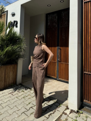 Kadın Keten Asimetrik Tek Omuzlu Bluz Pantalon Takım- Kahverengi