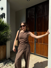 Kadın Keten Asimetrik Tek Omuzlu Bluz Pantalon Takım- Kahverengi