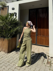 Kadın Keten Asimetrik Tek Omuzlu Bluz Pantalon Takım- Su Yeşili
