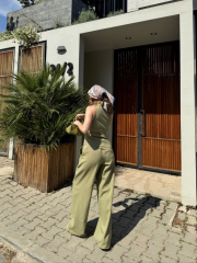 Kadın Keten Asimetrik Tek Omuzlu Bluz Pantalon Takım- Su Yeşili