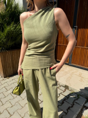 Kadın Keten Asimetrik Tek Omuzlu Bluz Pantalon Takım- Su Yeşili