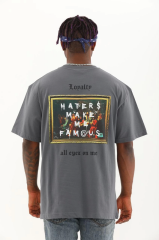 Unisex Oversize Baskılı Bisiklet Yaka T-Shirt - Füme