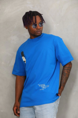 Unisex Oversize Baskılı Bisiklet Yaka T-Shirt - Mavi
