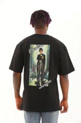 Unisex Oversize Baskılı Bisiklet Yaka T-Shirt - Siyah