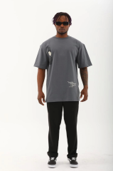 Unisex Oversize Baskılı Bisiklet Yaka T-Shirt - Füme