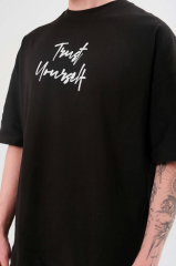 Unisex Bisiklet Yaka Baskılı Oversize T-Shirt - Siyah