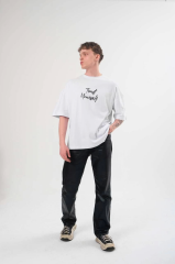 Unisex Bisiklet Yaka Baskılı Oversize T-Shirt - Beyaz