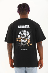 Unisex Oversize Baskılı Bisiklet Yaka T-Shirt - Siyah