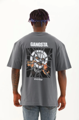 Unisex Oversize Baskılı Bisiklet Yaka T-Shirt - Füme