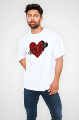 Unisex Bisiklet Yaka Baskılı Oversize T-Shirt - Beyaz