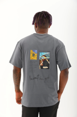 Unisex Oversize Baskılı Bisiklet Yaka T-Shirt - Füme