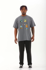 Unisex Oversize Baskılı Bisiklet Yaka T-Shirt - Füme