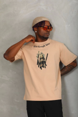 Unisex Oversize Baskılı Bisiklet Yaka T-Shirt - Bej