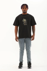 Unisex Oversize Baskılı Bisiklet Yaka T-Shirt - Siyah