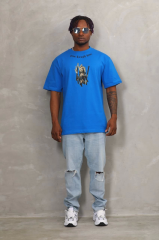 Unisex Oversize Baskılı Bisiklet Yaka T-Shirt - Mavi