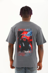 Unisex Oversize Baskılı Bisiklet Yaka T-Shirt - Füme