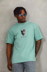 Unisex Oversize Baskılı Bisiklet Yaka T-Shirt - Mint Yeşili